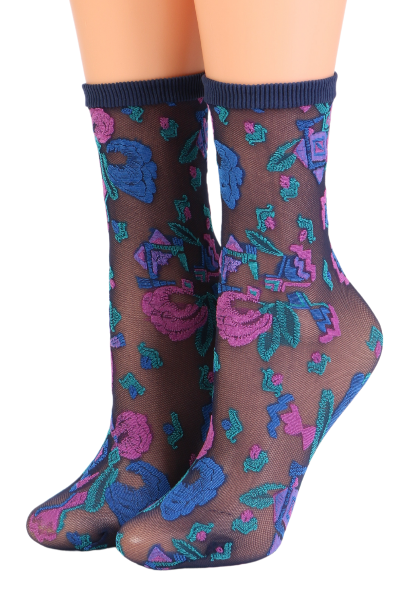 GIOVANNA thin blue socks featuring a colorful pattern, designed for women's elegance and comfort.