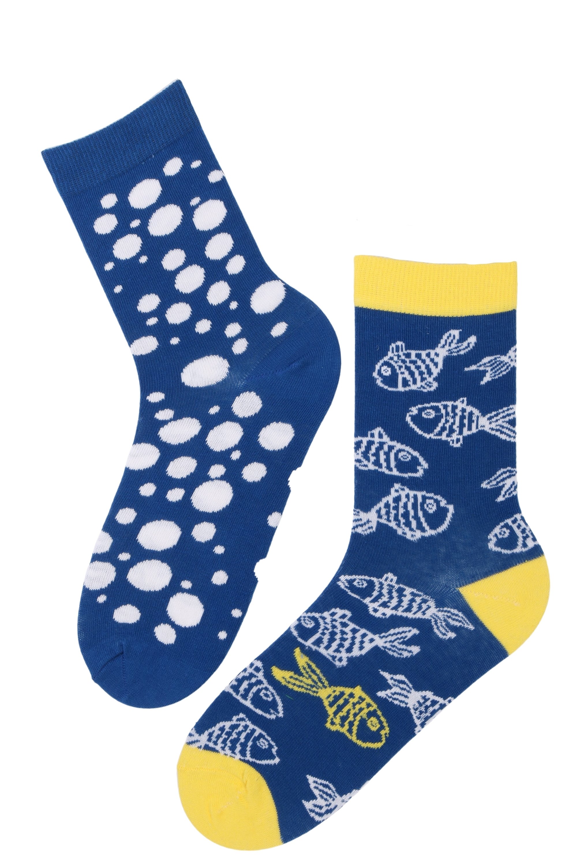 A pair of GOLDFISH cotton socks featuring a goldfish design on one sock and bubbles on the other, in a vibrant blue color.