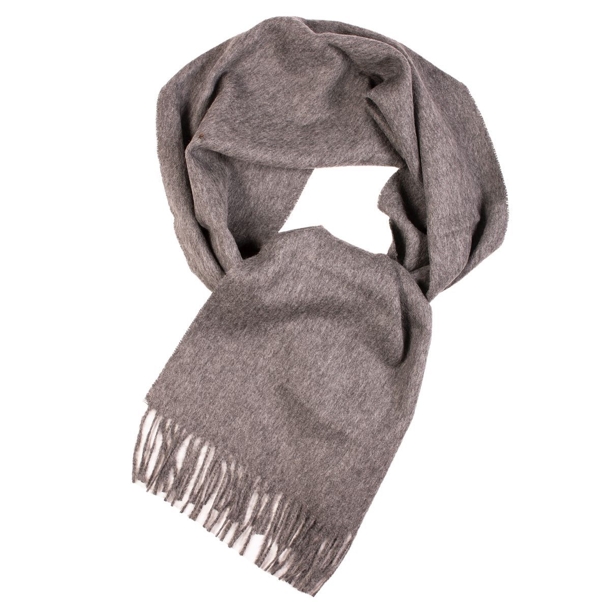 A luxurious grey scarf made from 100% baby alpaca wool, showcasing its soft texture and elegant design, perfect for winter wear.