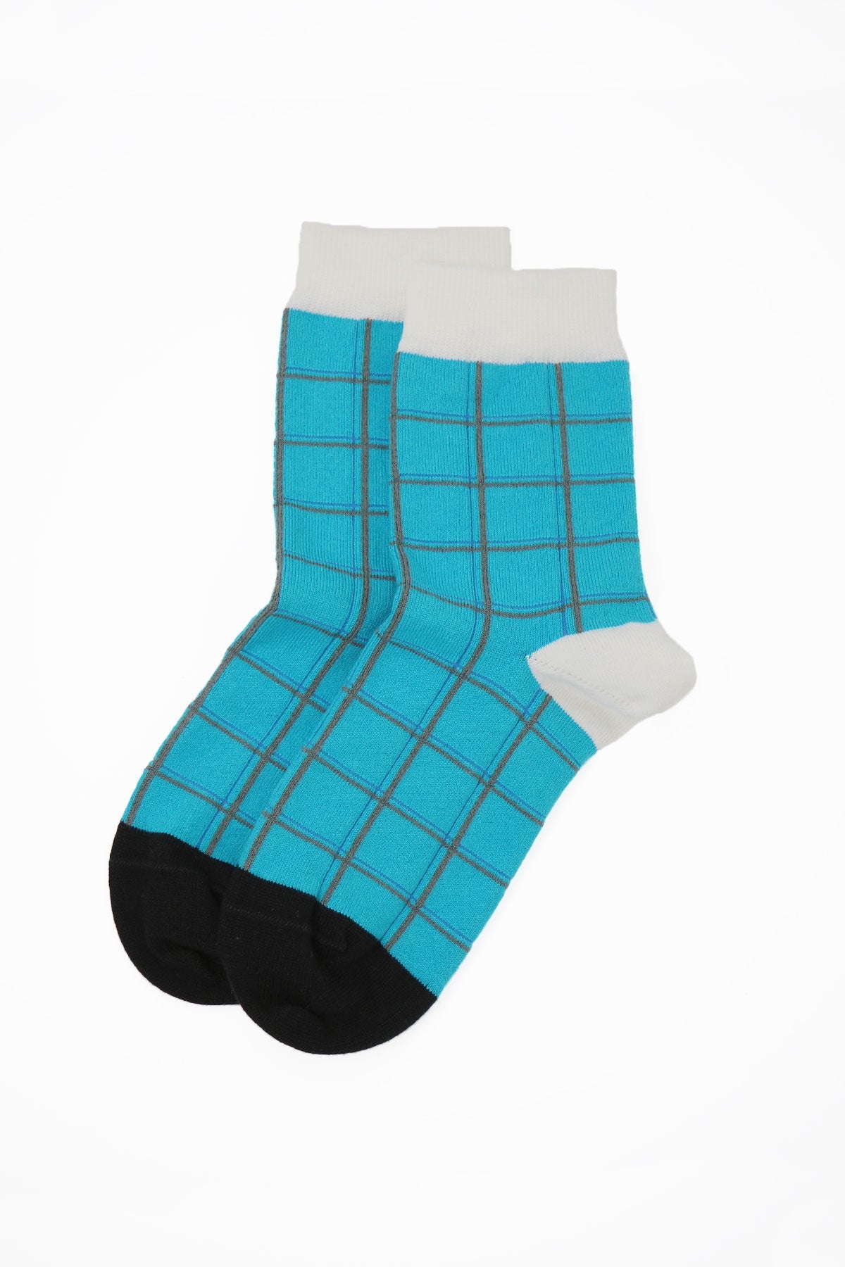 Aqua Grid Women's Socks featuring a stylish grid pattern in blue and white, made from luxurious Supima cotton.