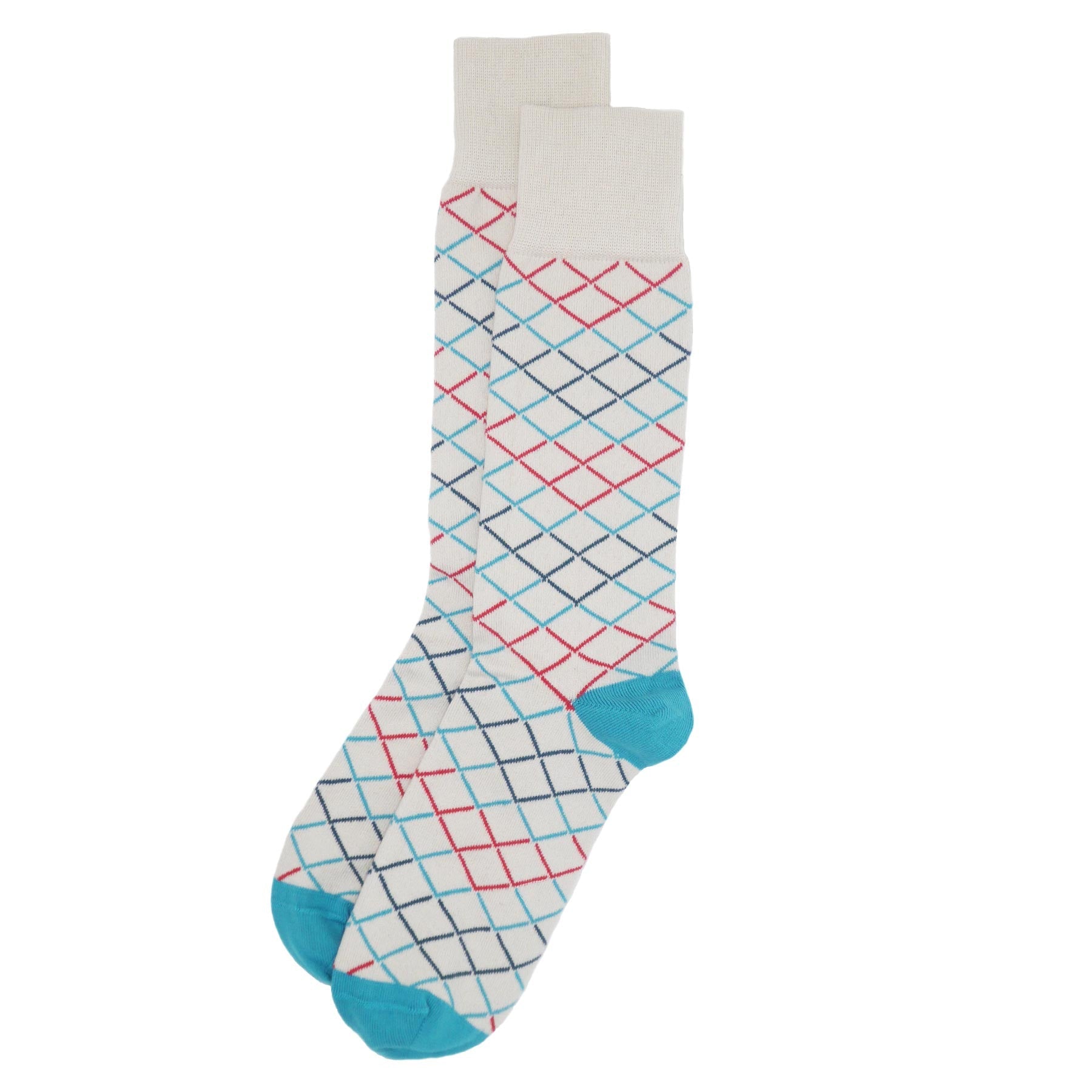 Hastings Men's Socks - Gauntlet featuring a luxurious scale mail pattern in red, blue, and dark teal with a blue heel and toe.