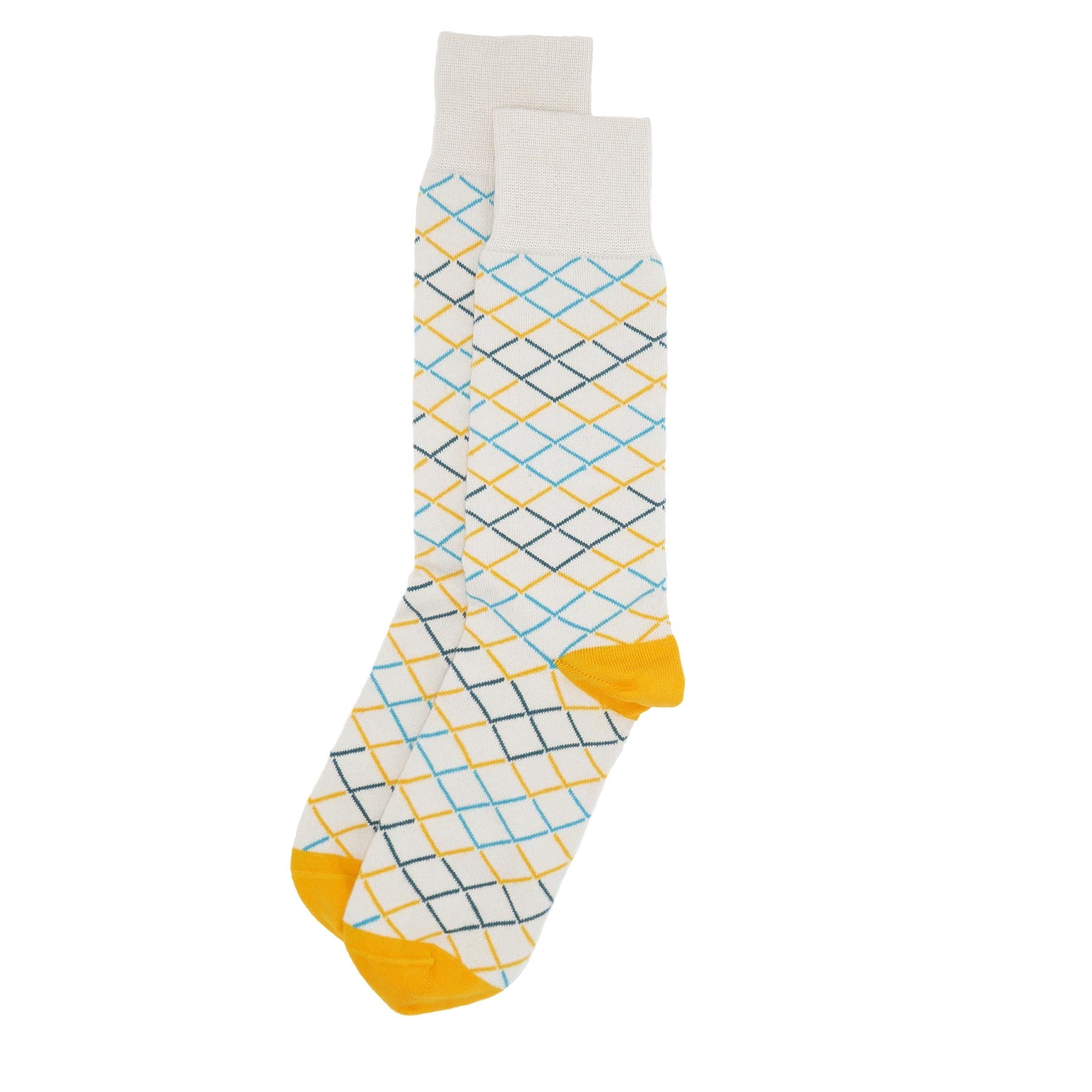 Hastings Men's Socks - Helm featuring a blue, yellow, and dark teal scale mail pattern with a yellow heel and toe.