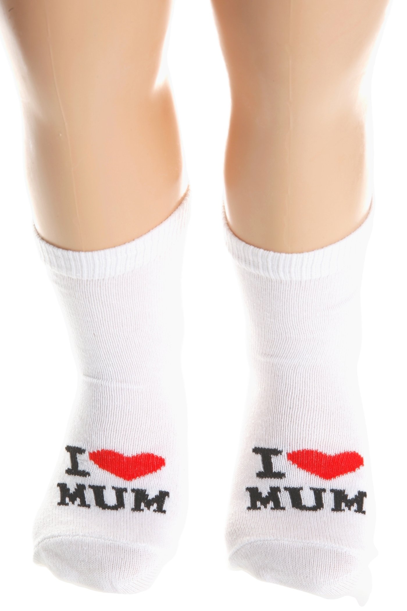 A pair of white cotton baby socks with 'I LOVE MUM' printed on them, showcasing their soft texture and cute design.