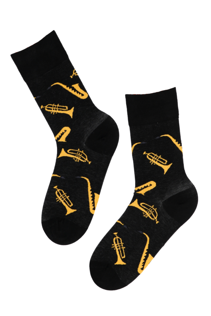 JAZZ black cotton socks featuring saxophones and trumpets with glittering thread.