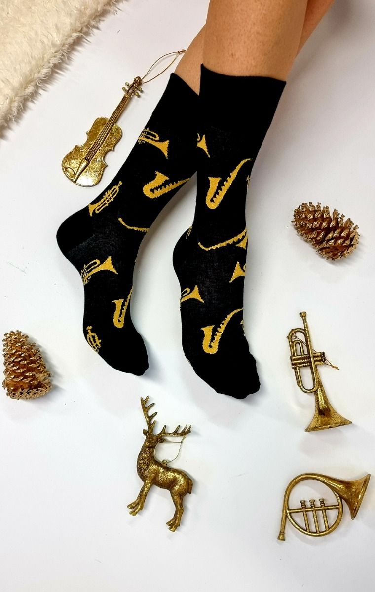 JAZZ black cotton socks featuring saxophones and trumpets with glittering thread.