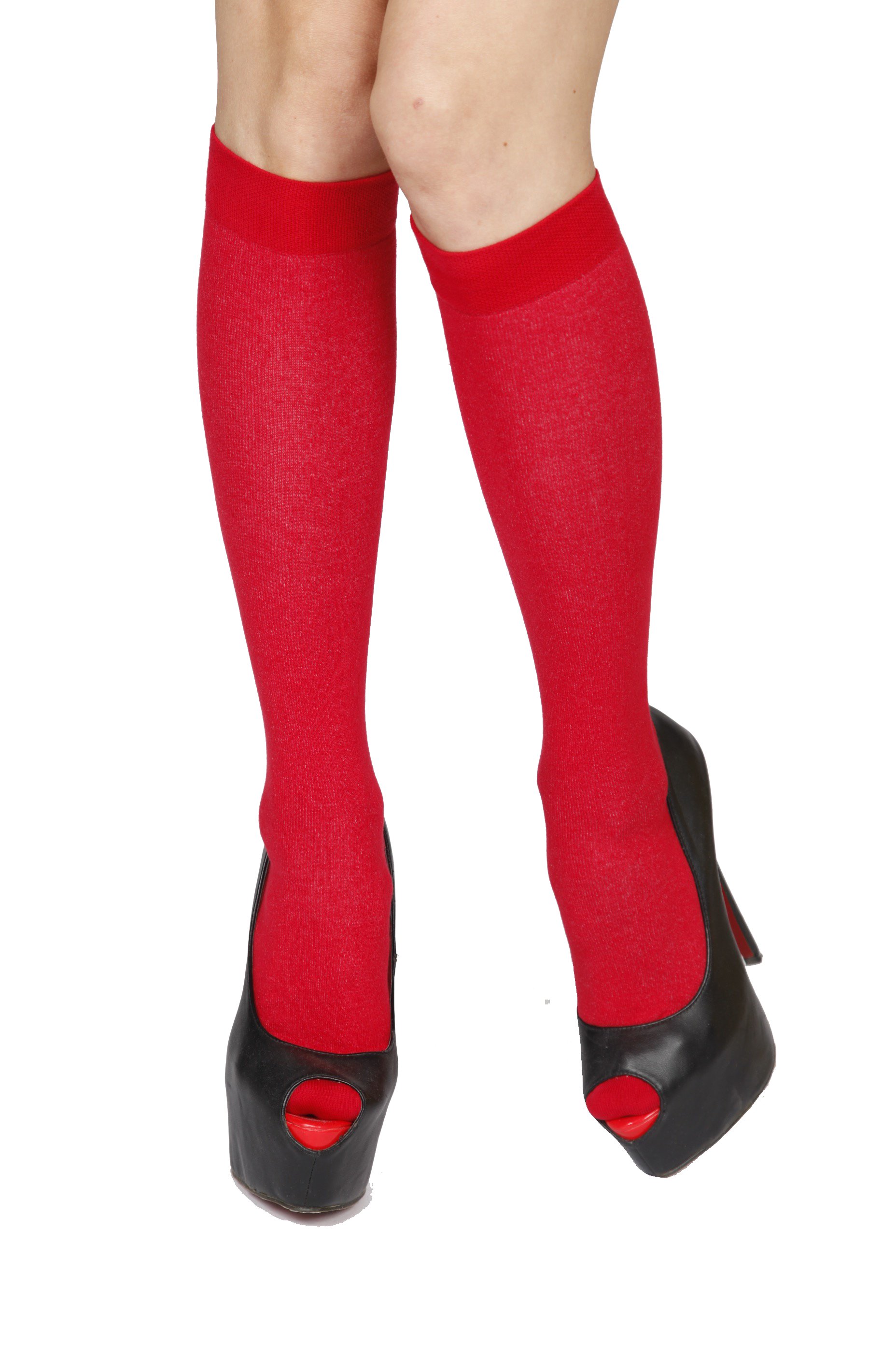 KRISS red cotton knee highs displayed on a white background, showcasing their vibrant color and soft texture.