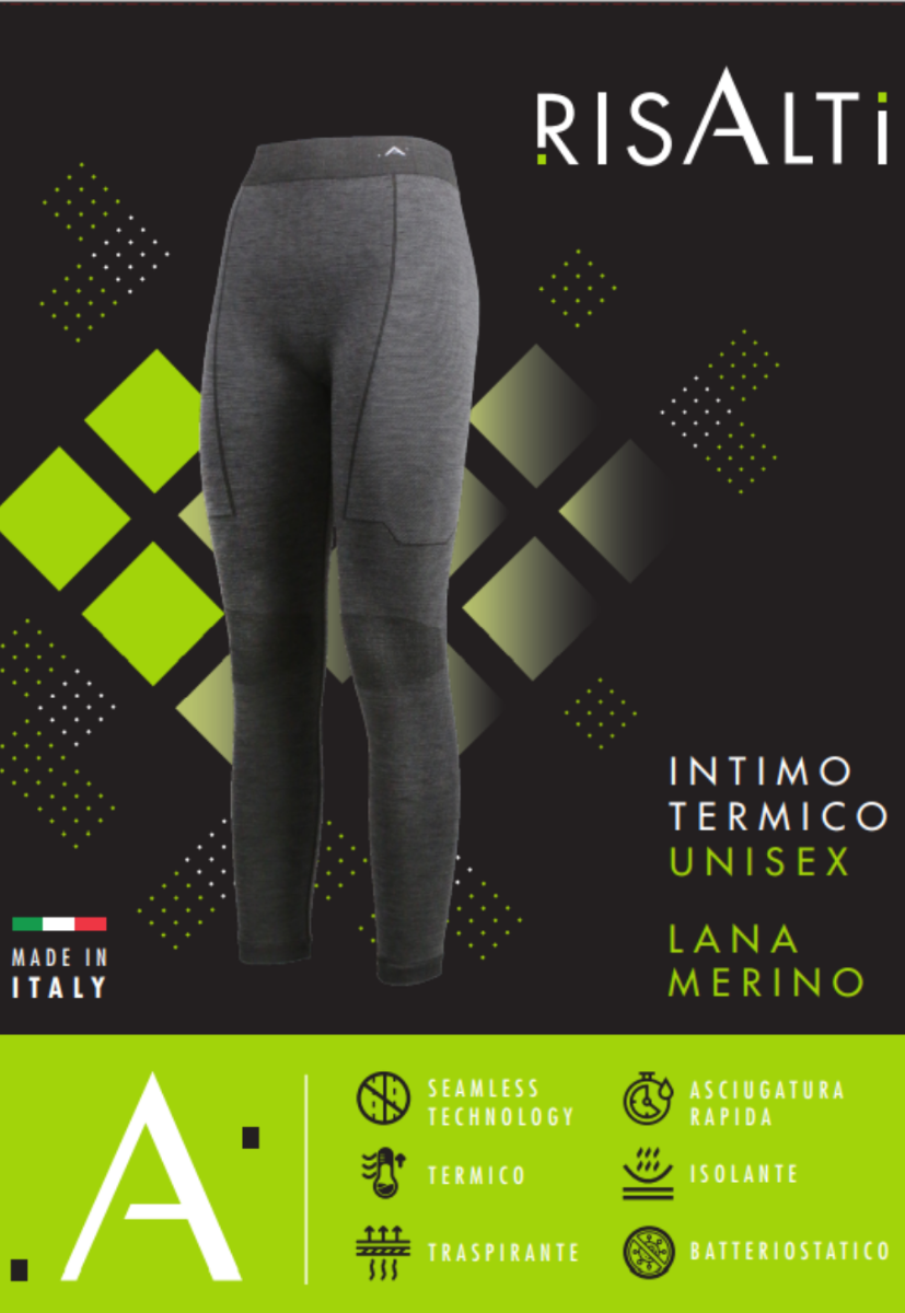 LANA grey unisex merino wool leggings displayed on a flat surface, showcasing their soft texture and seamless design.