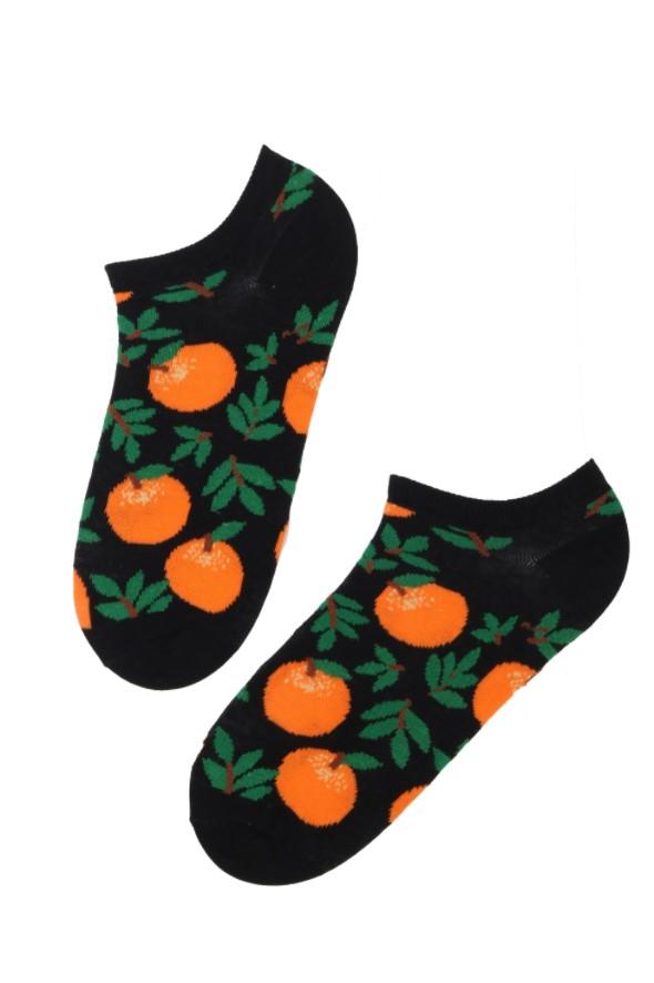 LAVITA low-cut cotton socks featuring a vibrant orange clementine pattern on a black background, perfect for sporty and casual wear.