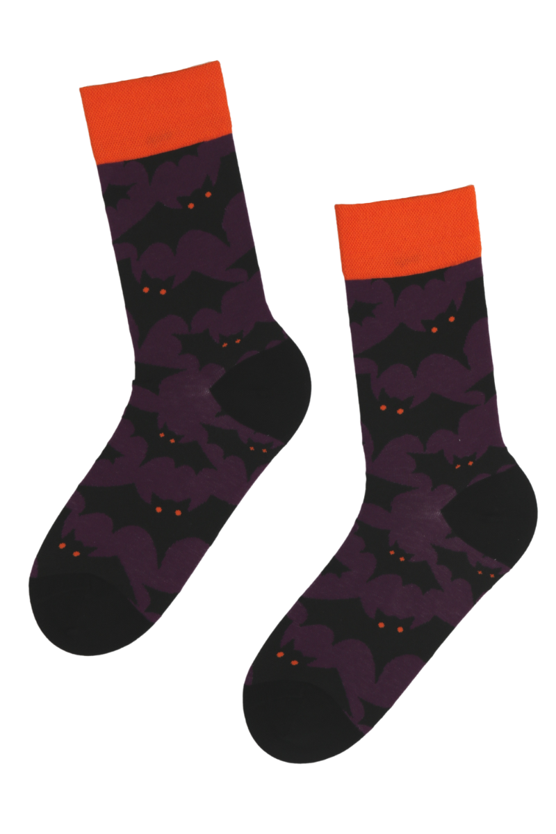 LUCIFER Purple Halloween Socks featuring a playful bat design, perfect for Halloween celebrations.