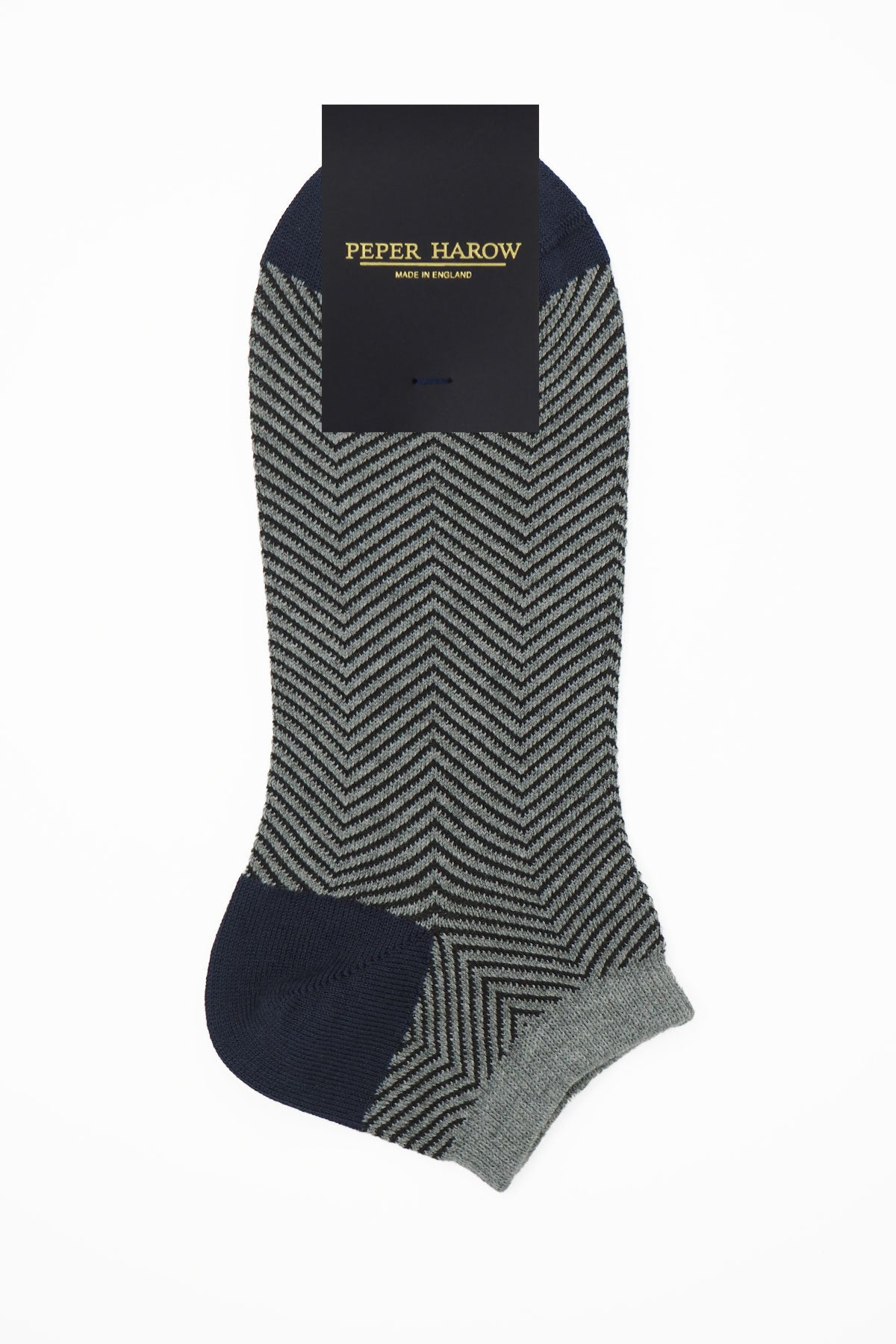 Lux Taylor Men's Trainer Socks in grey with black zigzag pattern and navy heel and toe, showcasing luxury and style.