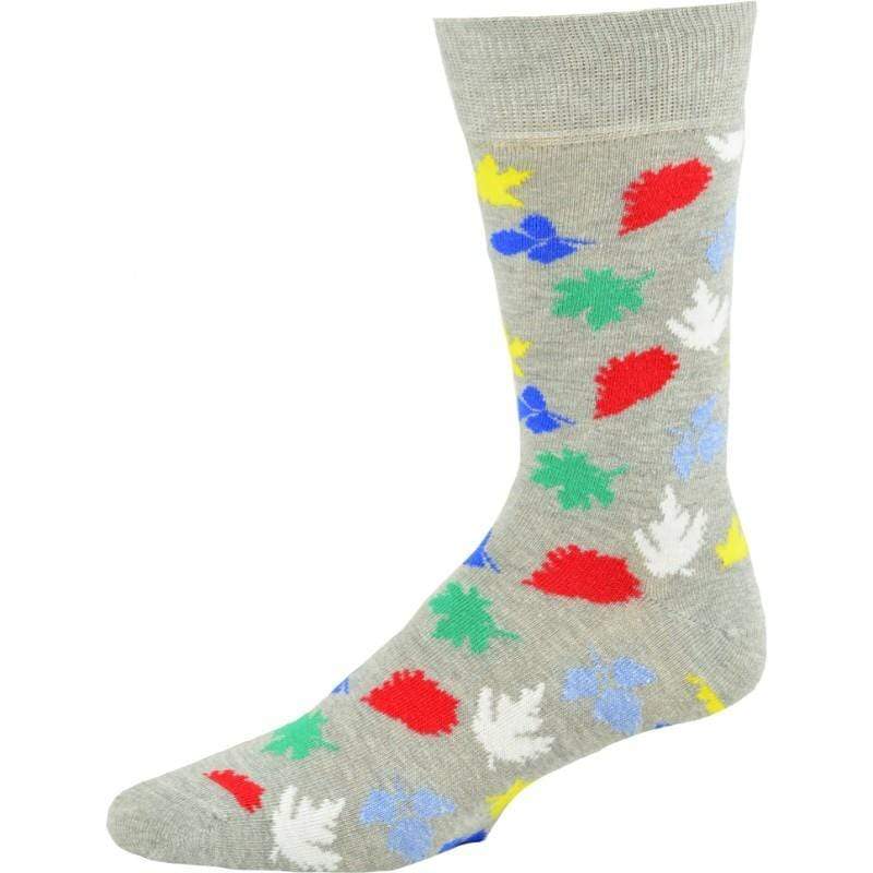 Men's crew cotton socks featuring a colorful leaf pattern, designed for comfort and warmth during fall and winter.