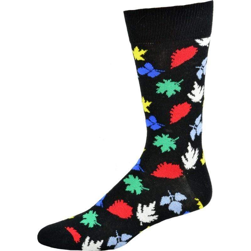 Men's crew cotton socks featuring a colorful leaf pattern, designed for comfort and warmth during fall and winter.