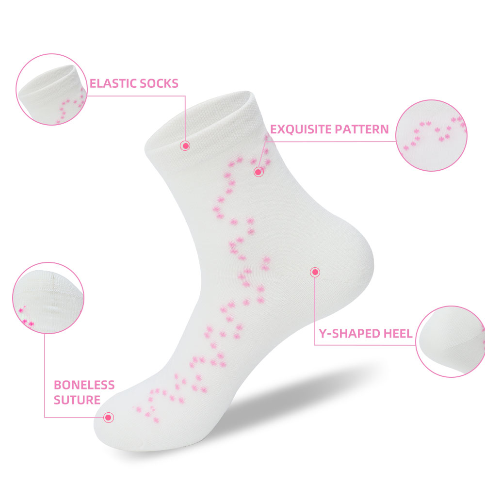 A pair of cute pink dot curve solid color socks in white, showcasing a playful design suitable for all-match styles.