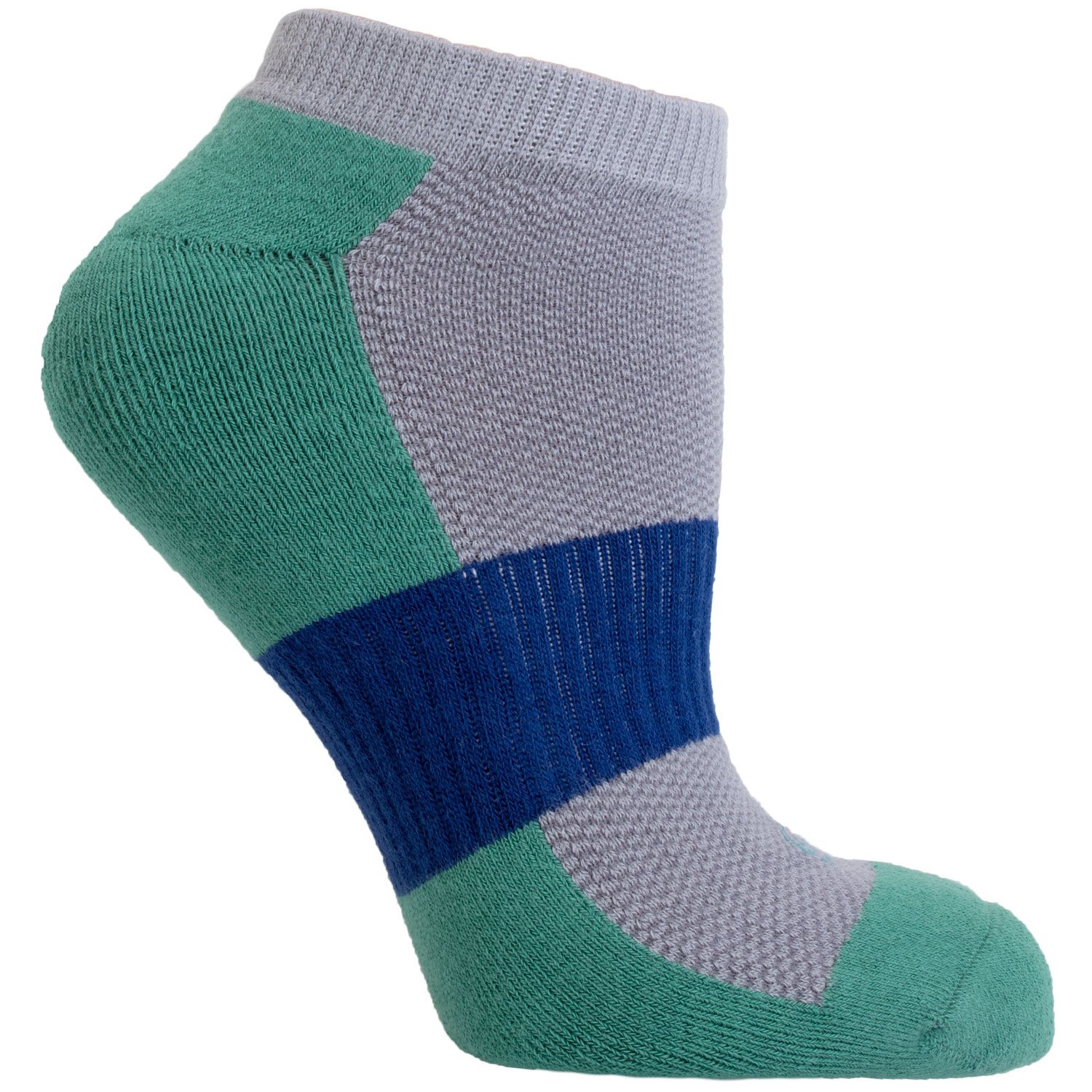 A pack of three No Show Performance Athletic Socks in vibrant colors including Teal, Magenta, and Green, showcasing their seamless design and cushioned features.