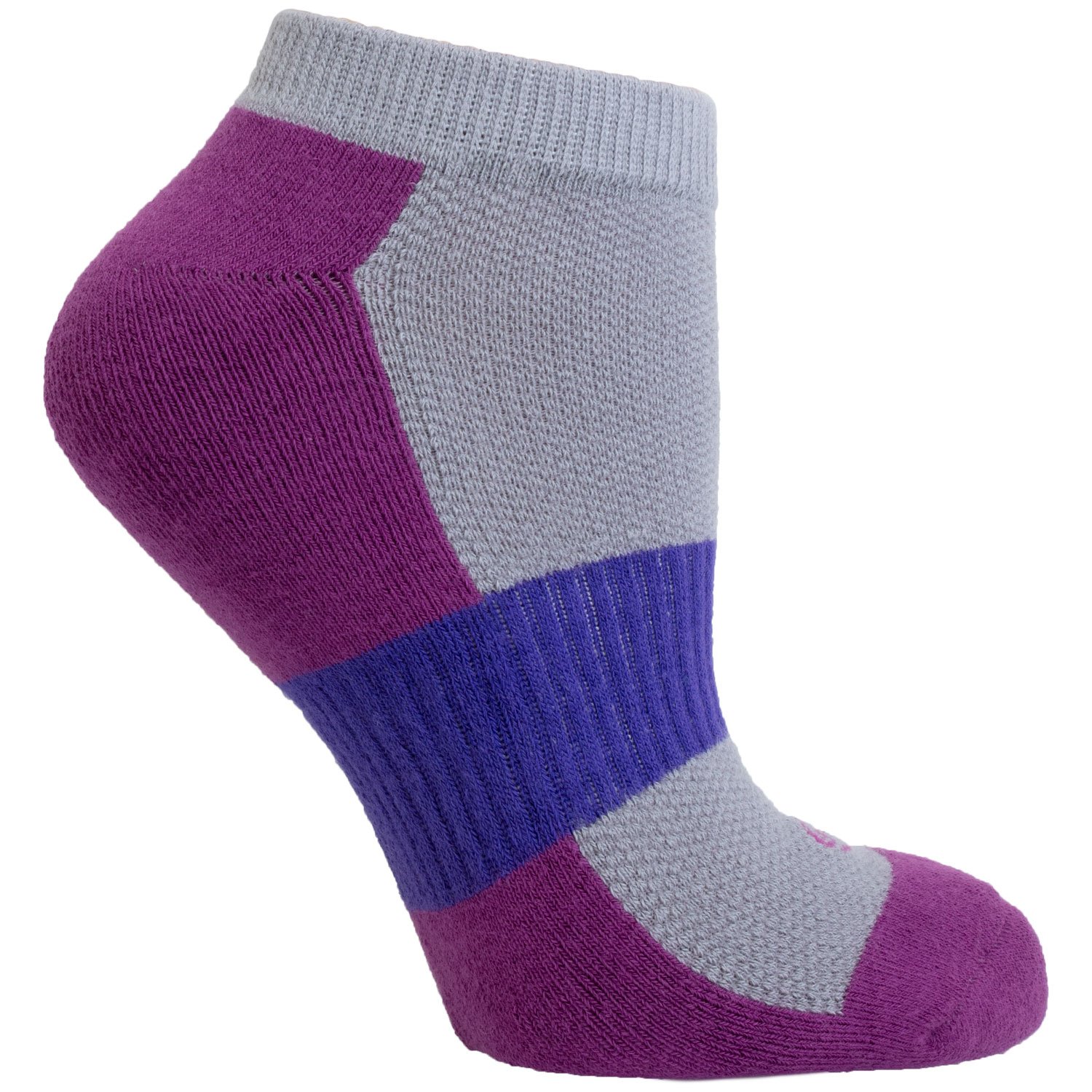 A pack of three No Show Performance Athletic Socks in vibrant colors including Teal, Magenta, and Green, showcasing their cushioned design and seamless toe.
