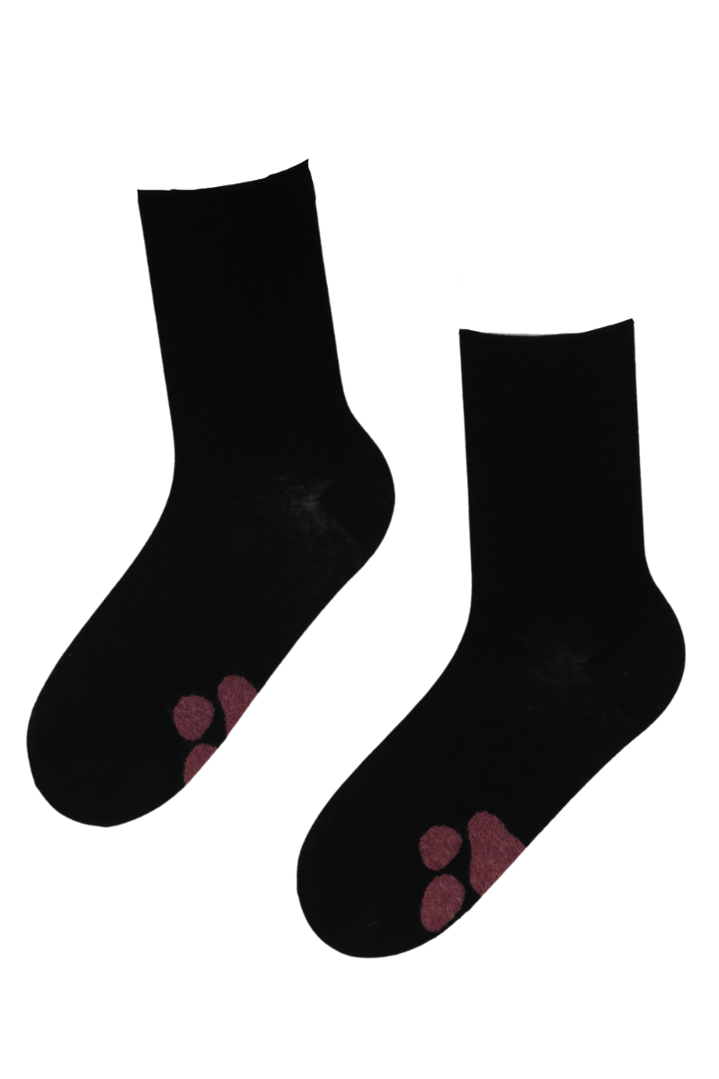 NORMA black angora wool socks featuring a pink kitty paw pattern under the sole, designed for warmth and comfort.