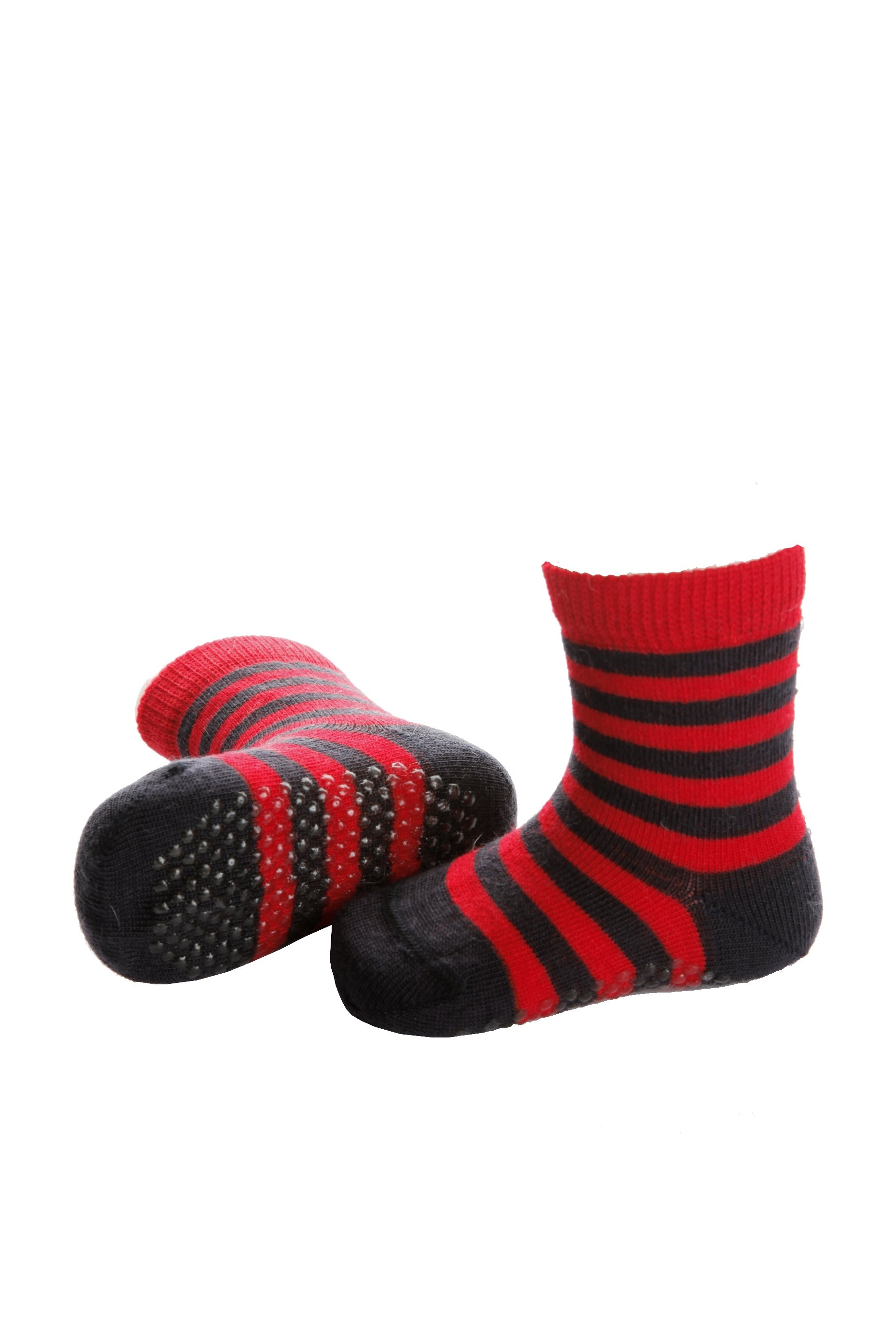 NORTH striped baby socks featuring red and black stripes, made from soft merino wool with anti-slip grips on the soles.