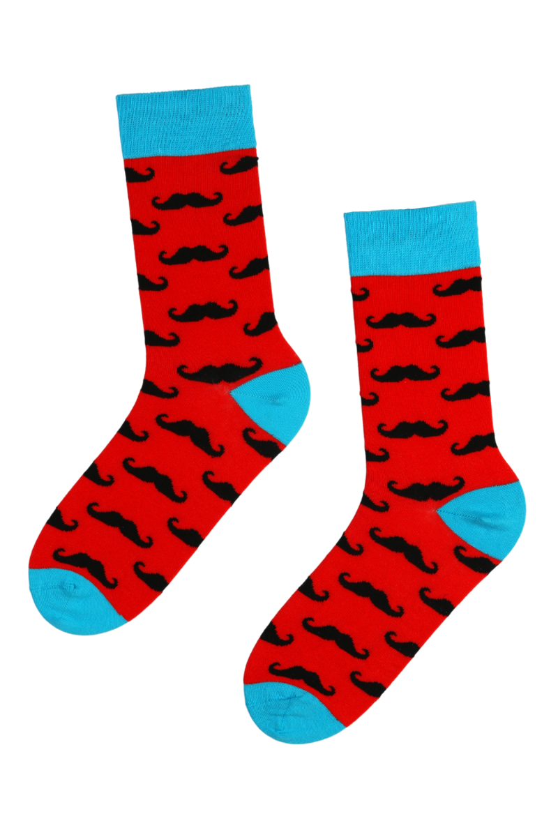 A pair of vibrant red cotton socks featuring a playful woven moustache pattern, perfect for men.