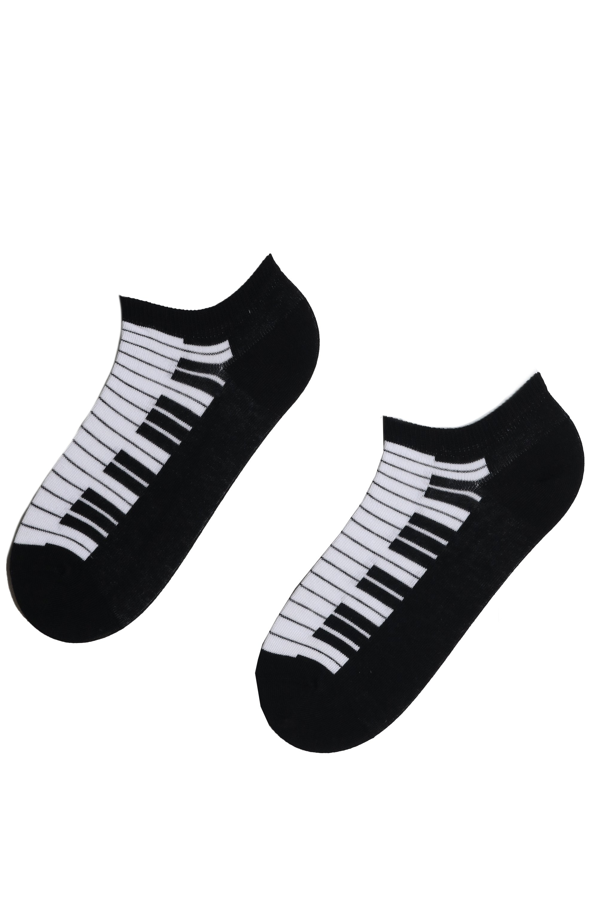 A pair of low cut cotton socks featuring a stylish piano key pattern in black and white, suitable for men and women.