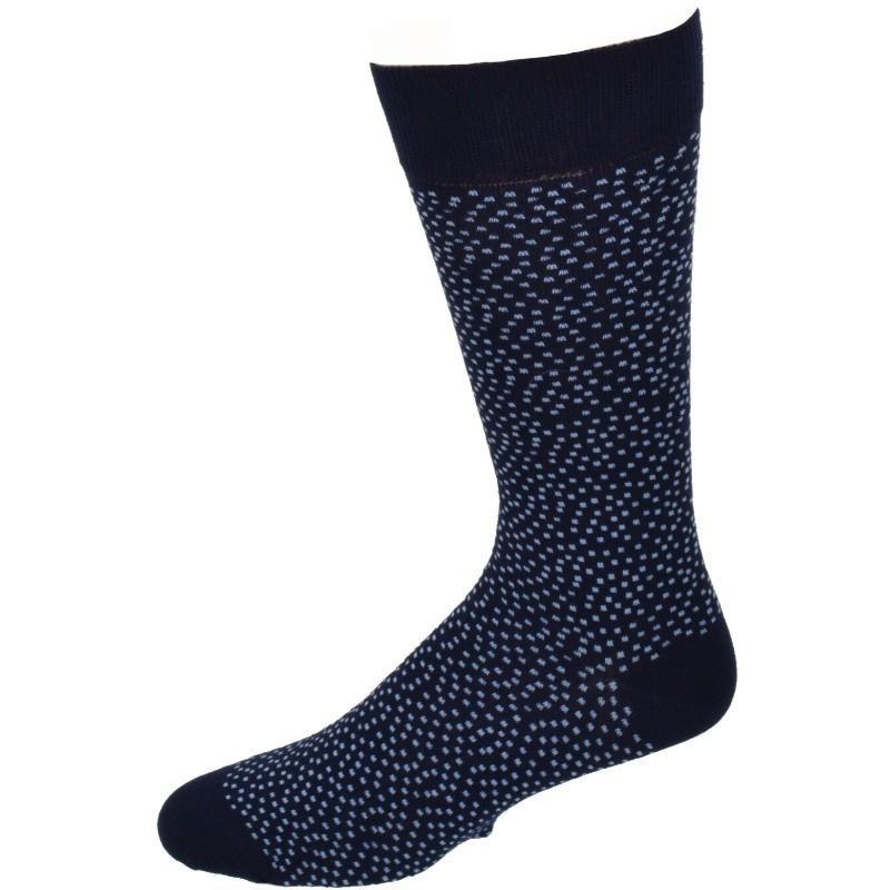 A pair of stylish socks featuring a pin dot pattern and a solid color, made from soft combed cotton with a rib knit cuff.