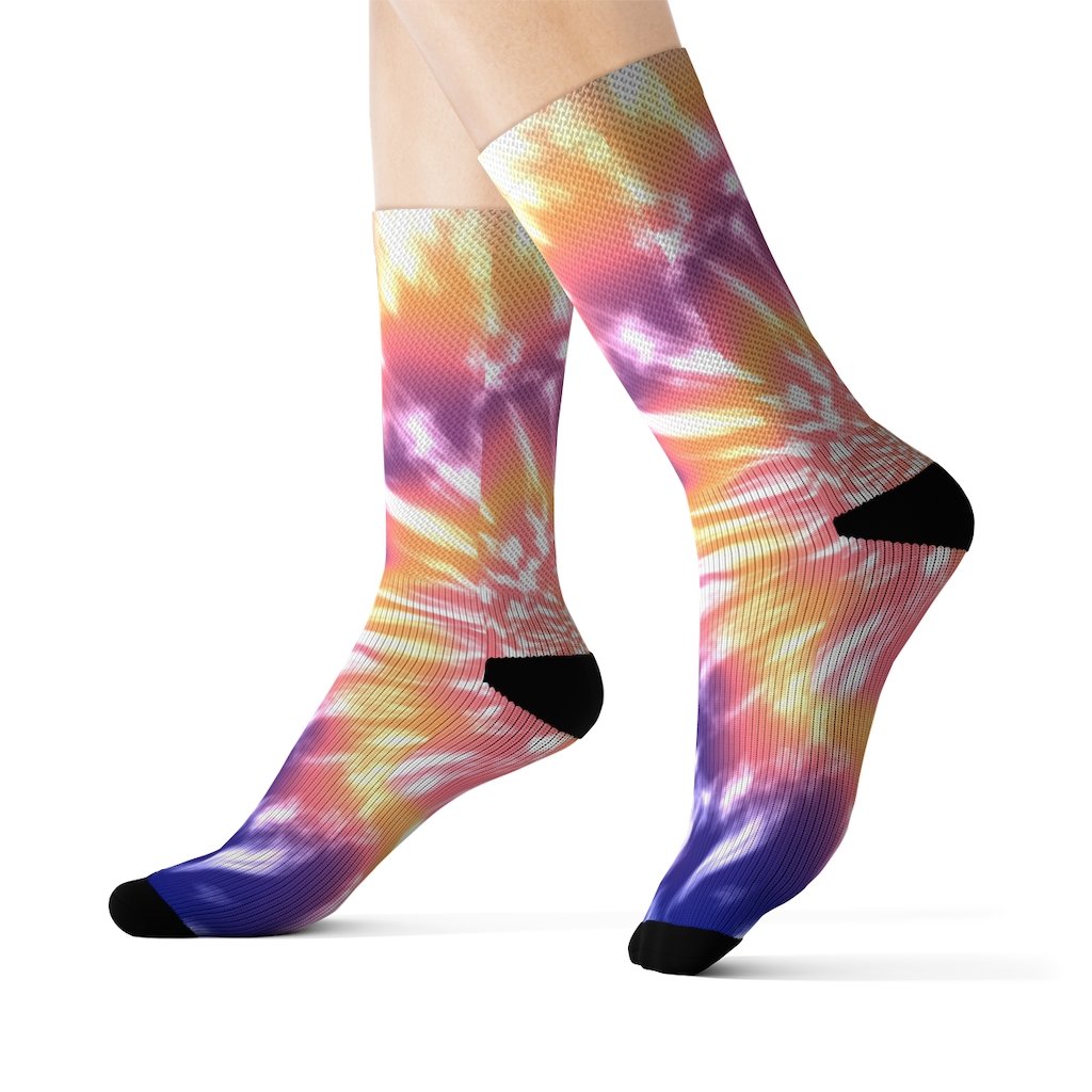 A pair of pink tie dye novelty socks featuring a vibrant and colorful pattern, designed for comfort and style.