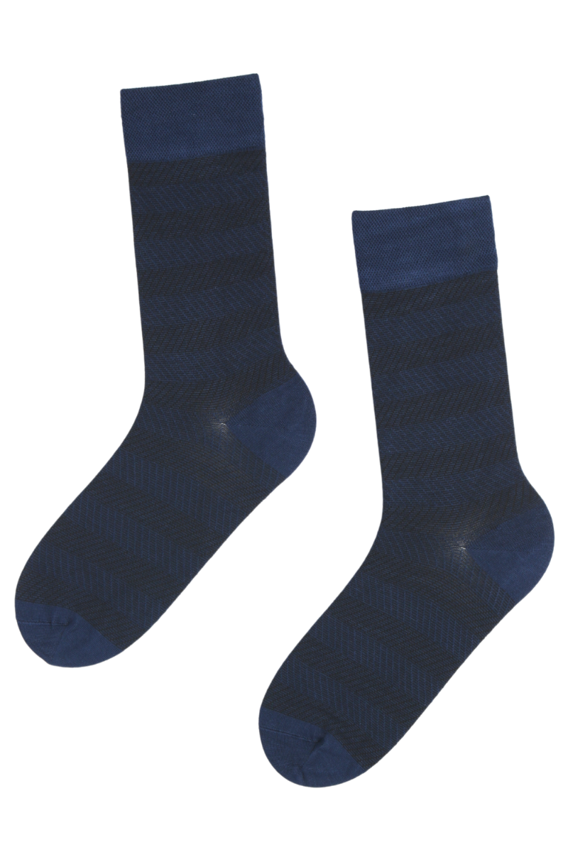 A pair of PIOPPI dark blue striped suit socks featuring a stylish striped pattern, made from soft viscose material.