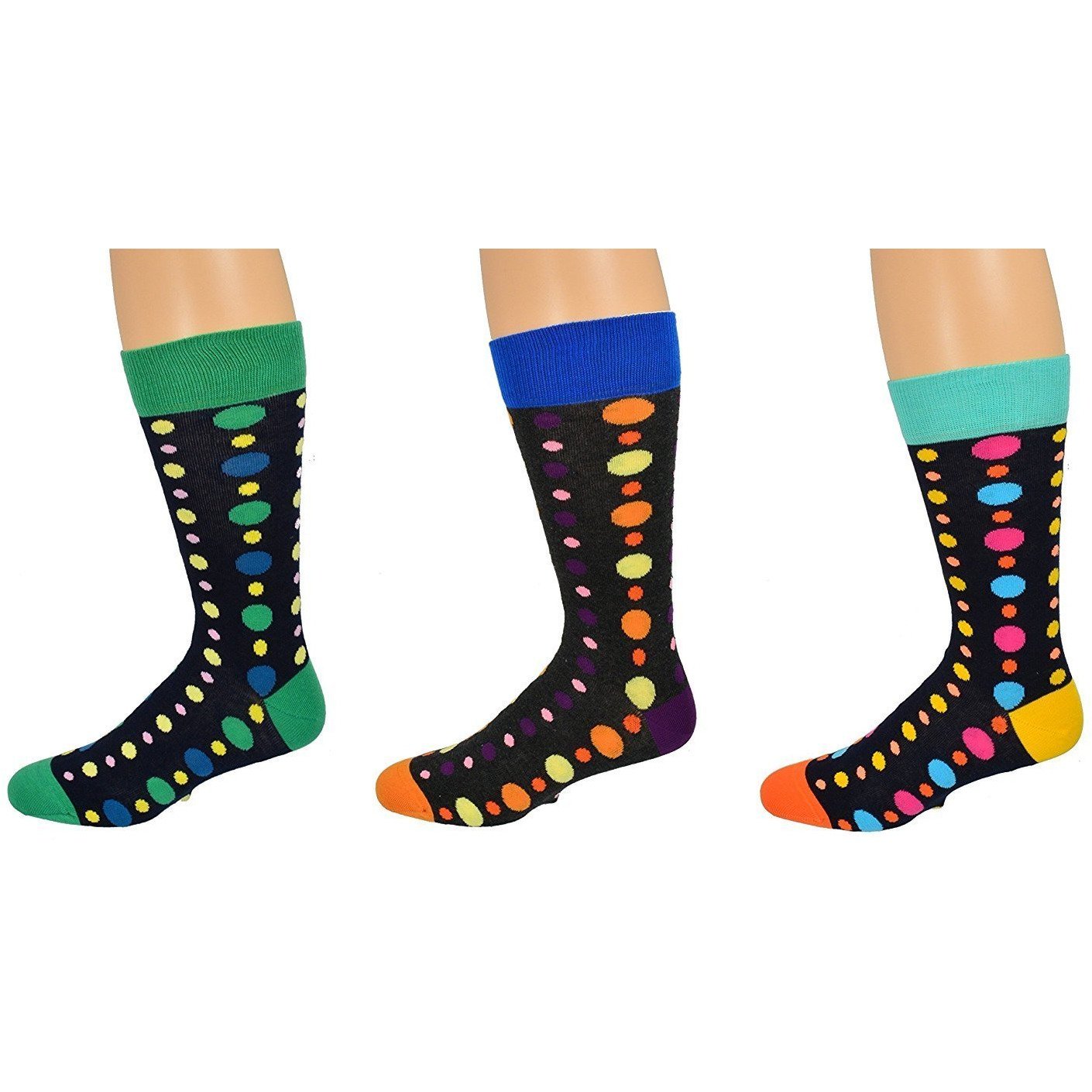 Colorful crew socks featuring a playful polka dot pattern, made from soft combed cotton with a rib knit cuff.
