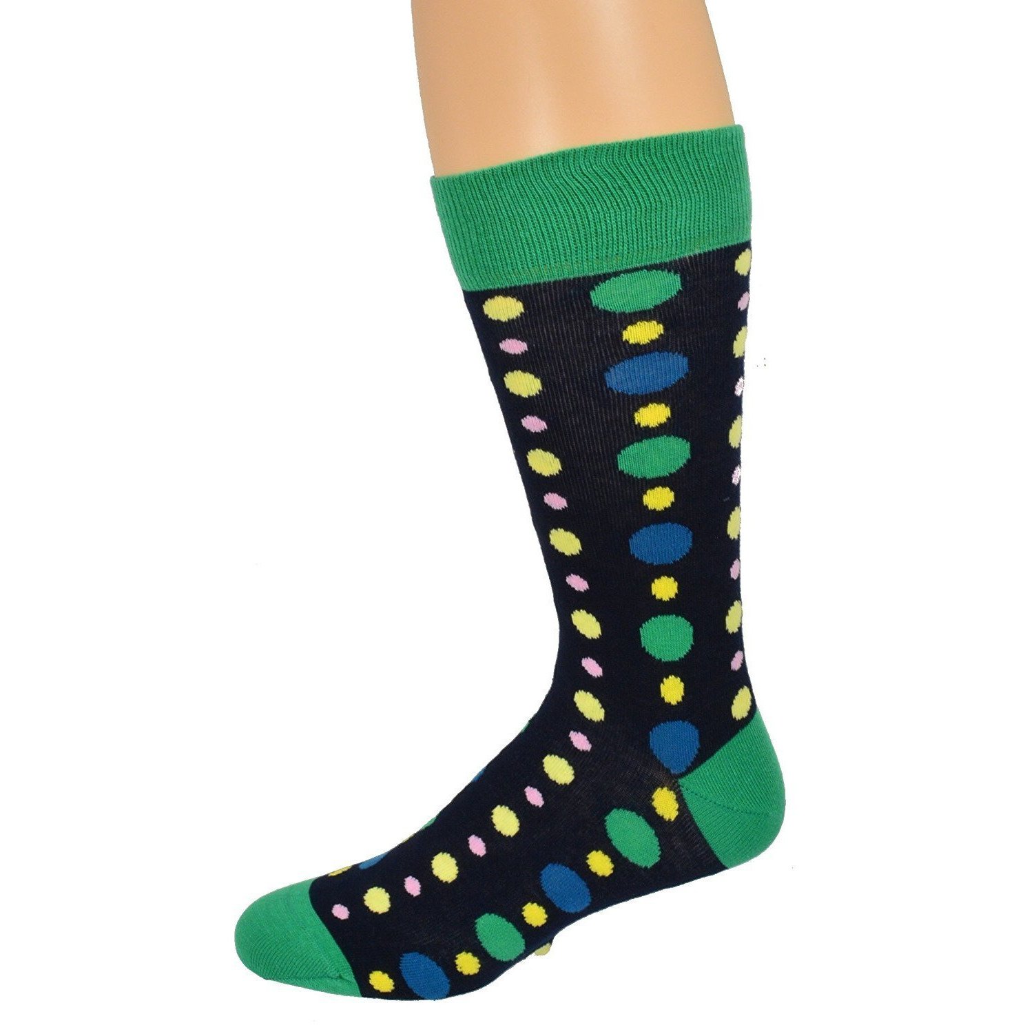 Colorful crew socks featuring a playful polka dot pattern, made from soft combed cotton with a rib knit cuff.