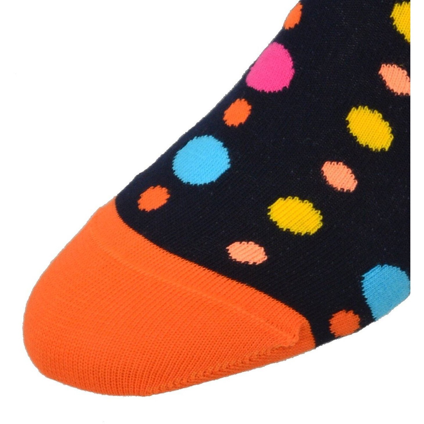 Colorful crew socks featuring a playful polka dot pattern, made from soft combed cotton with a rib knit cuff.