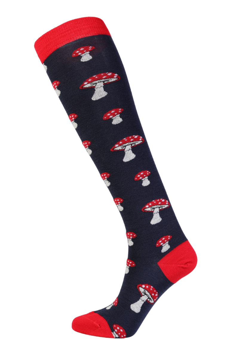 PUFFBALL merino wool knee-highs featuring a vibrant red mushroom pattern, perfect for stylish comfort.
