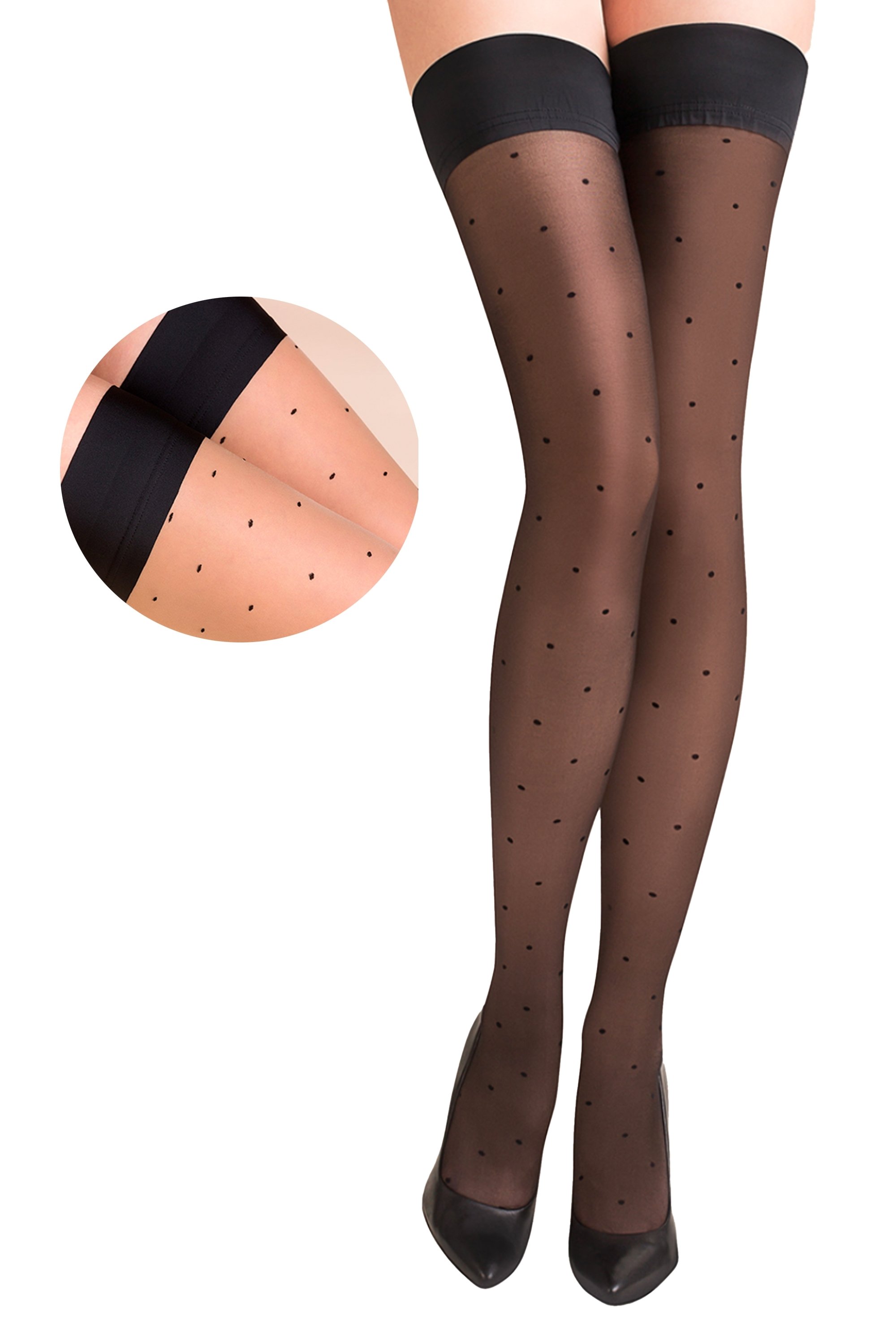 PUNTINA 20DEN beige hold ups featuring a stylish black dotted pattern, designed for elegance and comfort.