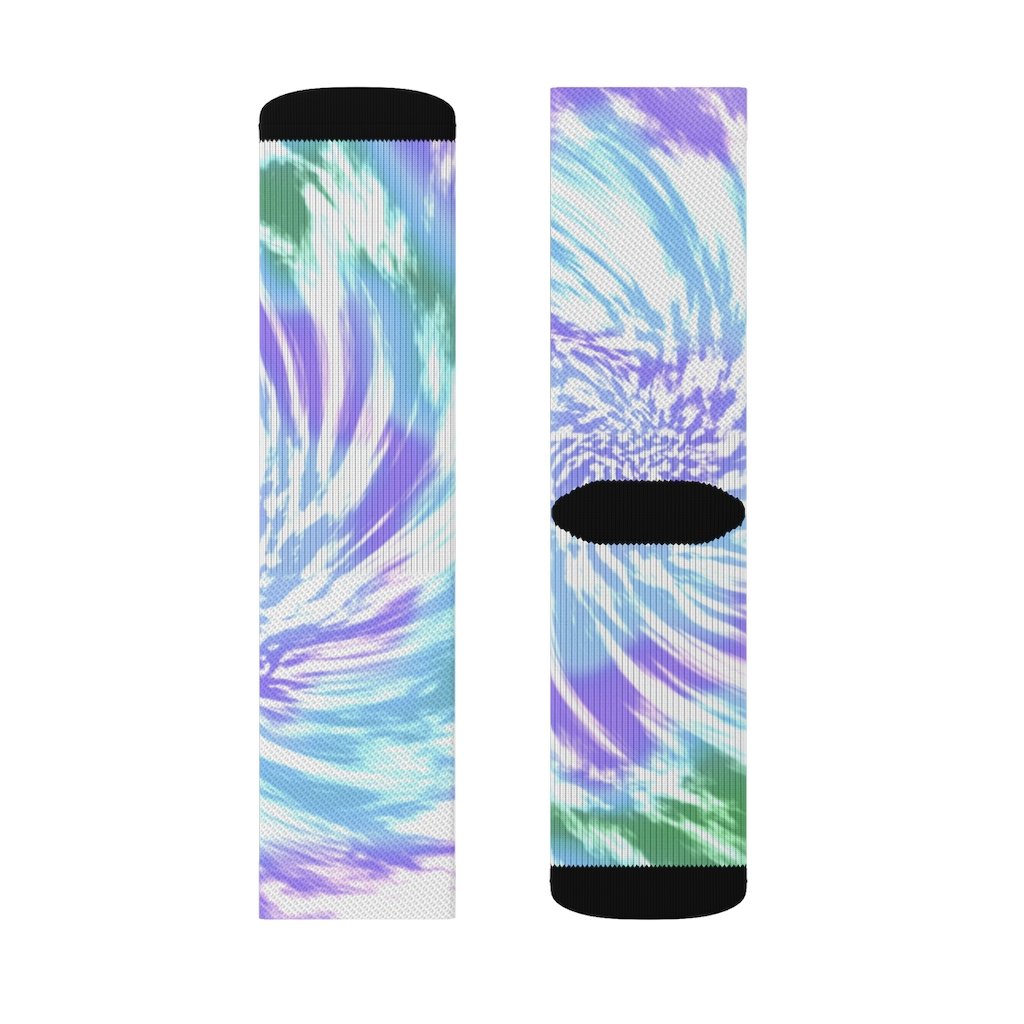 A pair of vibrant purple tie dye novelty socks displayed on a white background, showcasing their unique pattern and quality fabric.