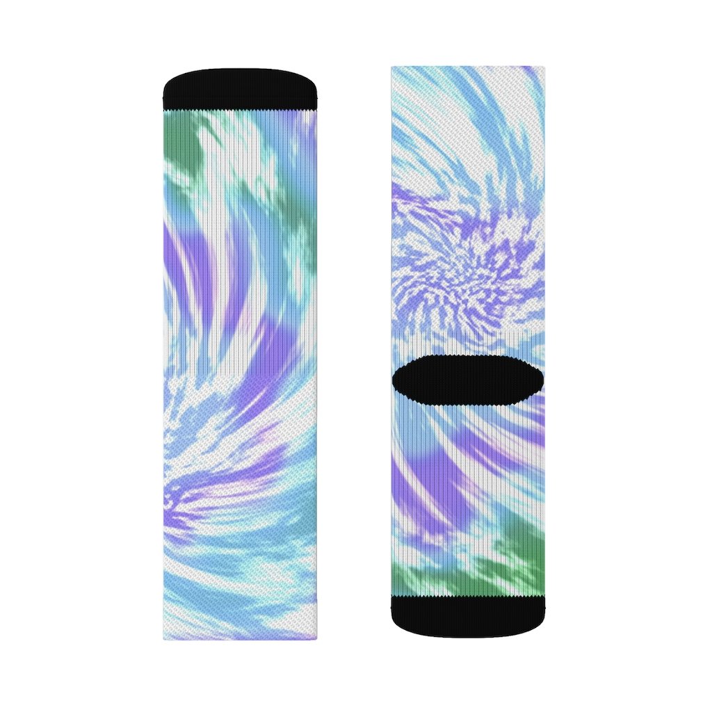 A pair of vibrant purple tie dye novelty socks displayed on a white background, showcasing their unique pattern and quality fabric.