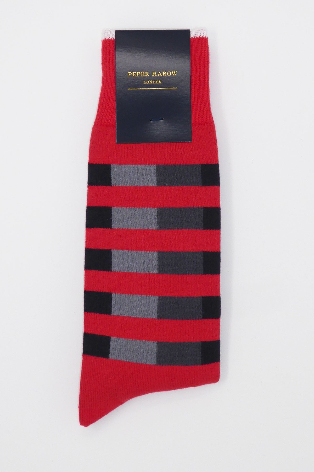 Red Quad Stripe Men's Socks featuring contrasting black and grey stripes, made from luxurious Supima cotton.