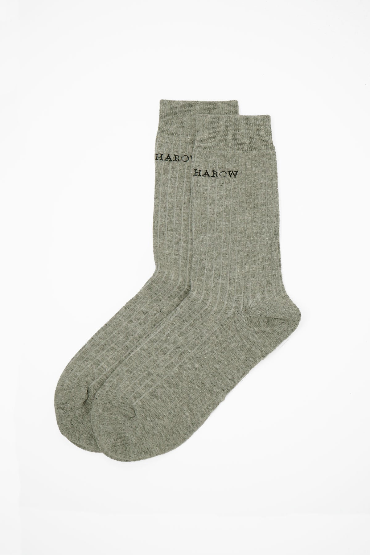 A pair of grey Recycled Ribbed Women's Socks made from sustainable materials, featuring a stylish ribbed design.