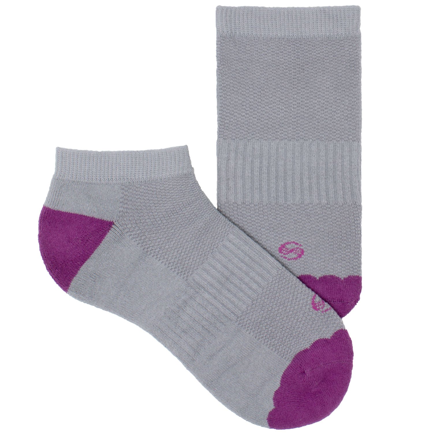 A pack of three colorful scalloped no show performance socks in blue, magenta, and green, showcasing their trendy design and breathable fabric.