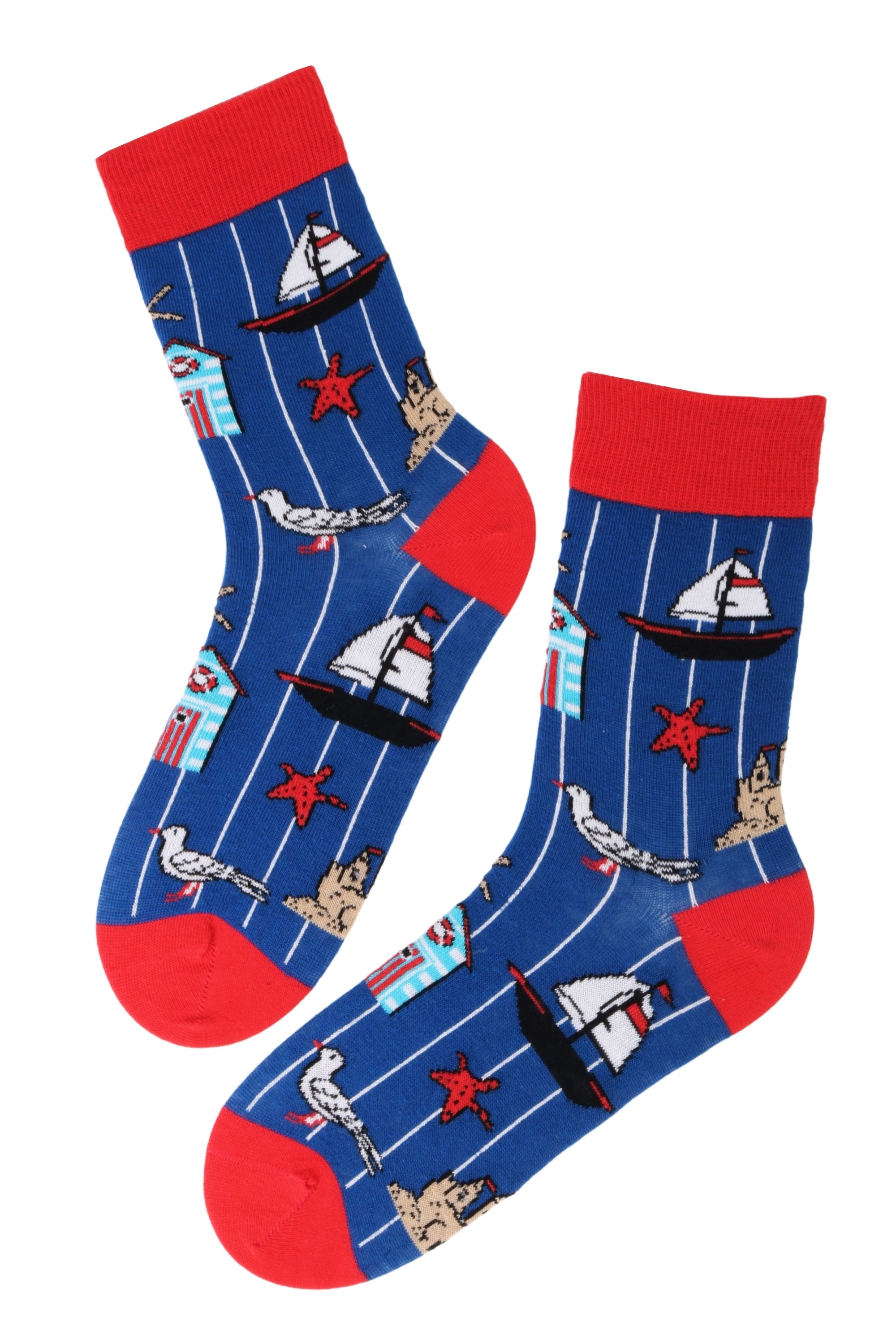 A pair of blue cotton socks featuring a fun marine-themed beach pattern, perfect for sea lovers.