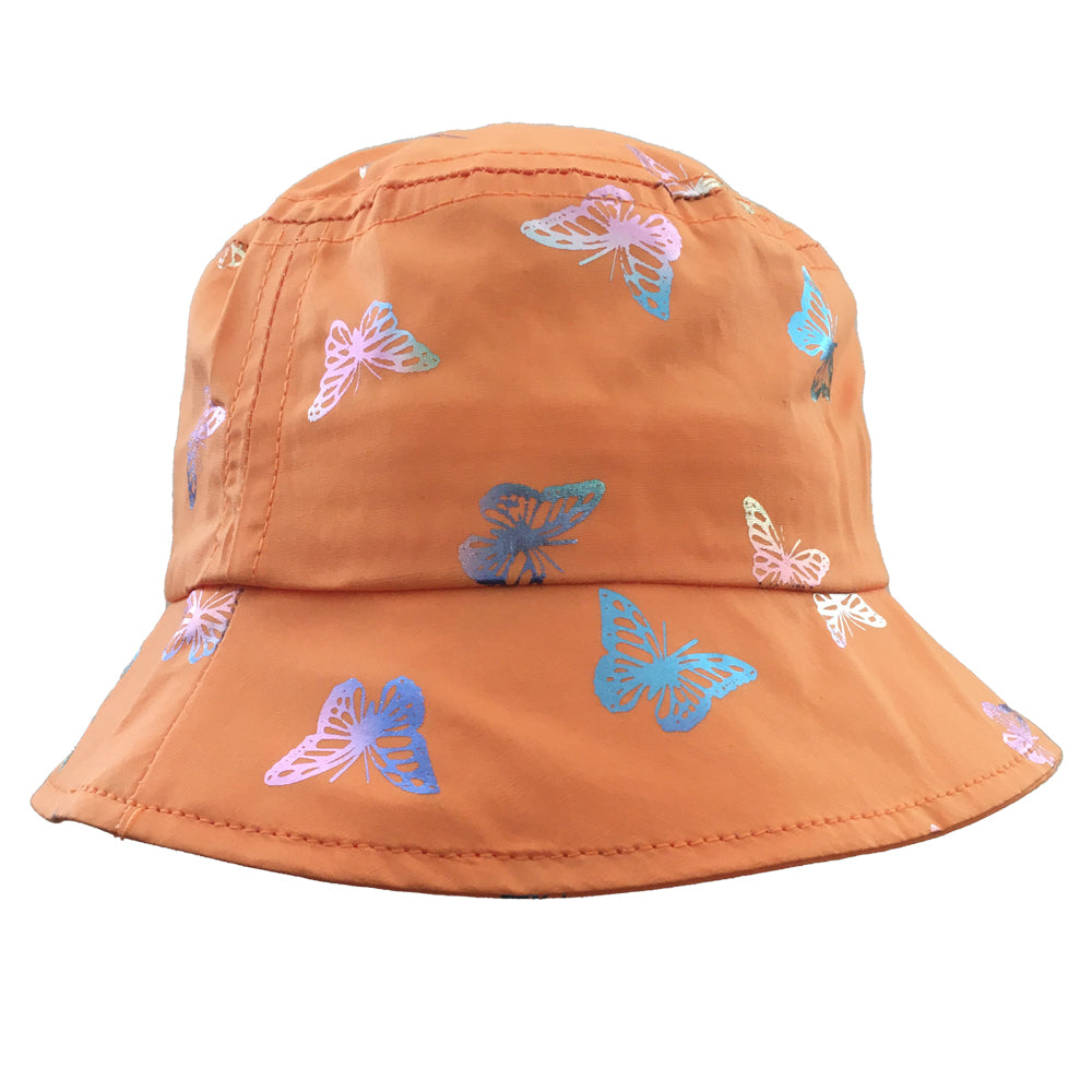 A stylish white baby maxi hat featuring shiny floating butterflies design, perfect for children aged 1-3 years.