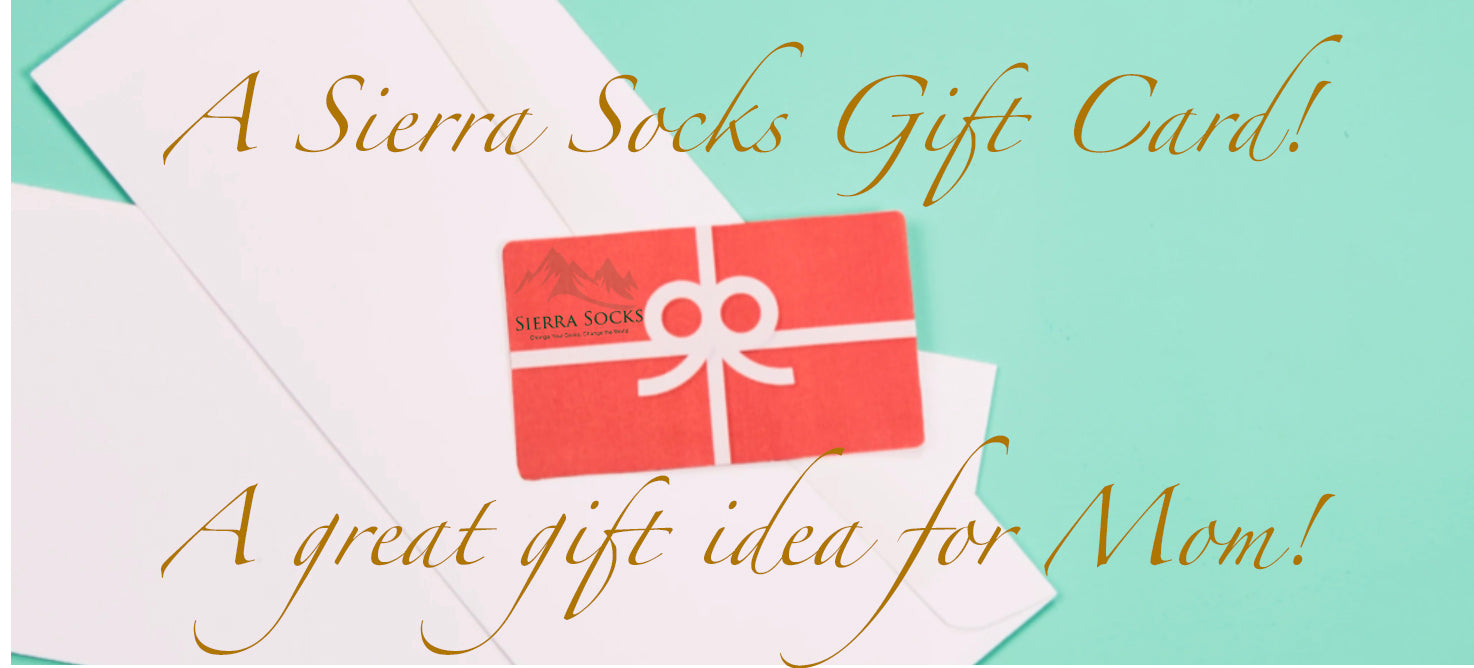 Sierra Socks Gift Card displayed on a soft background, featuring a colorful design and text indicating it's a gift card for socks.