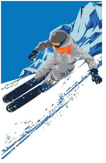 Sierra Socks Shredding Slopes Pattern CoolMax Socks featuring a vibrant blue and white skiing design with orange accents.