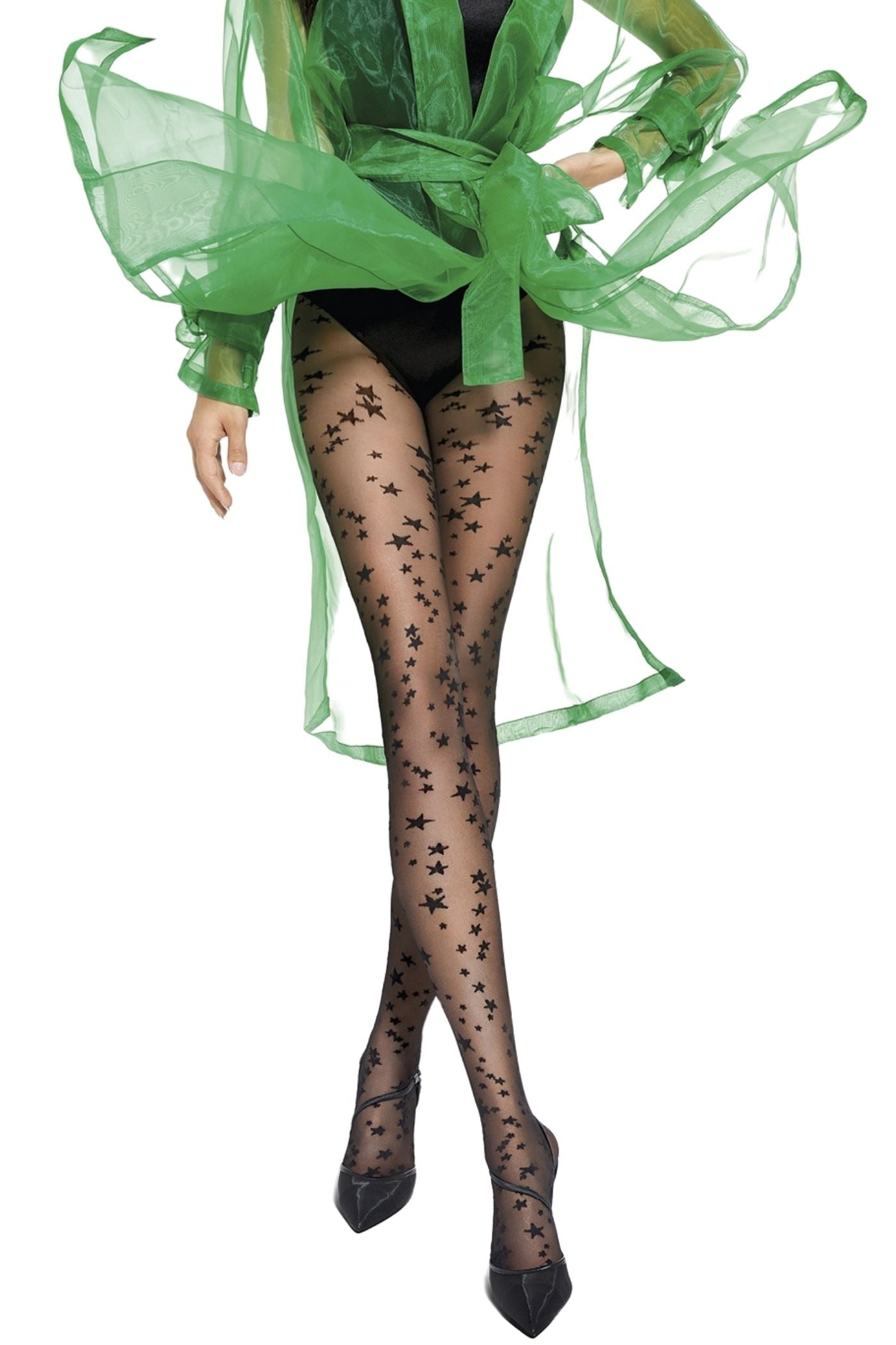 A pair of SKYLAR 20DEN black tights for women featuring an elegant star pattern, made from polyamide and elastane for comfort.