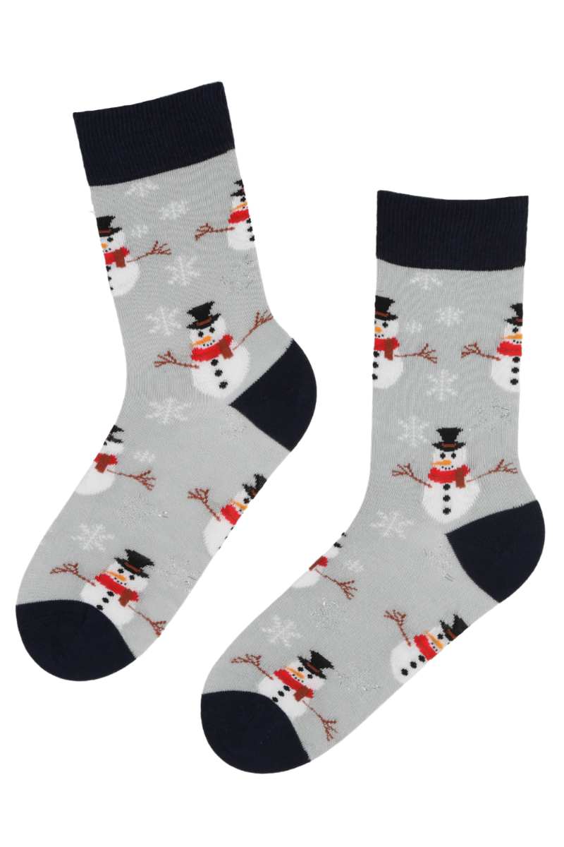 A pair of light gray cotton socks featuring a playful snowman pattern, perfect for winter wear.