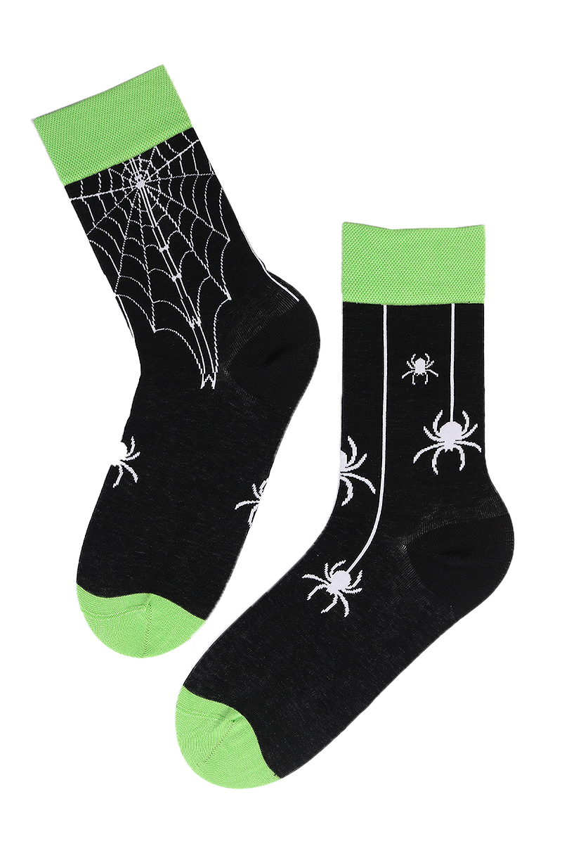SPIDER Halloween socks featuring a creepy spider and spiderweb pattern in black and green colors, perfect for Halloween celebrations.