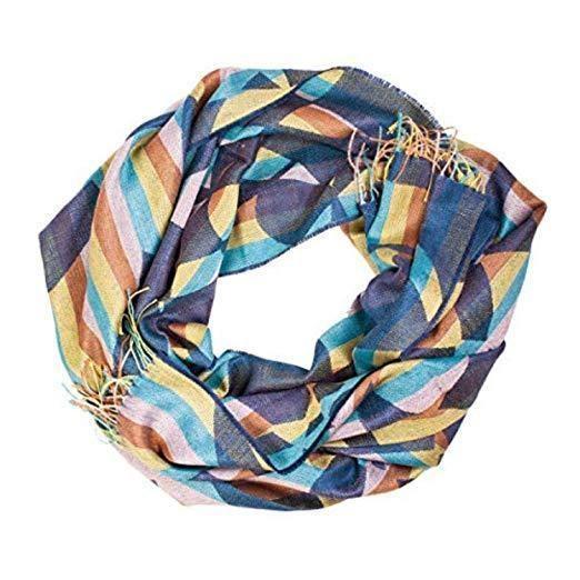 Luxurious striped shawl made from baby alpaca wool and silk, featuring elegant colors of blue, green, and beige, perfect for winter wear.