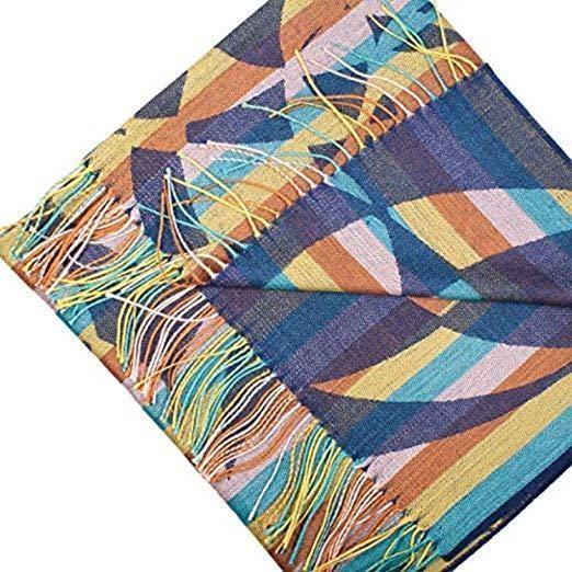 Luxurious striped shawl made from baby alpaca wool and silk, featuring elegant colors of blue, green, and beige, perfect for winter wear.