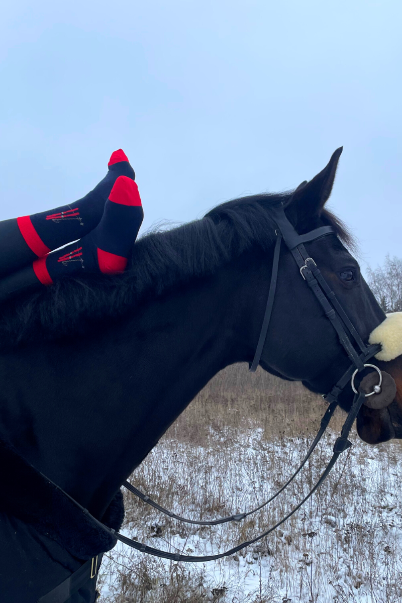SUUSABAAS merino wool socks in black with red skis design, perfect for skiing and outdoor activities.