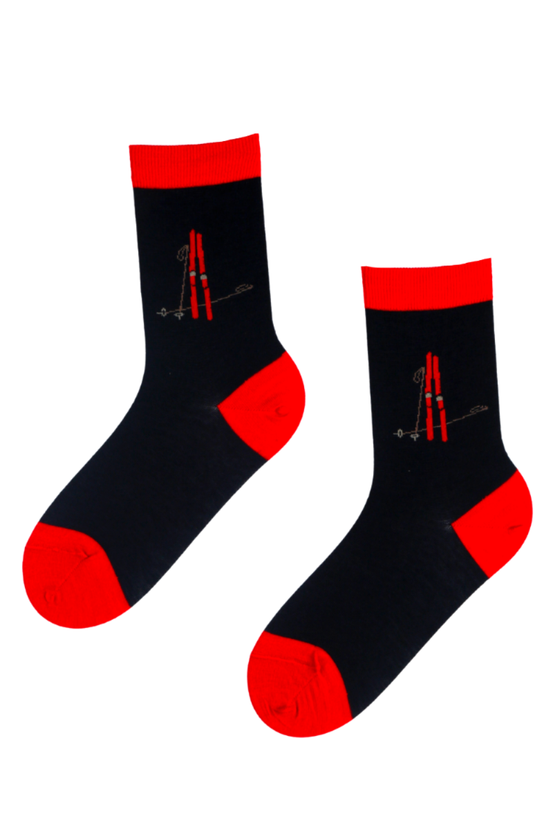 SUUSABAAS merino wool socks in black with red skis design, perfect for skiing and outdoor activities.