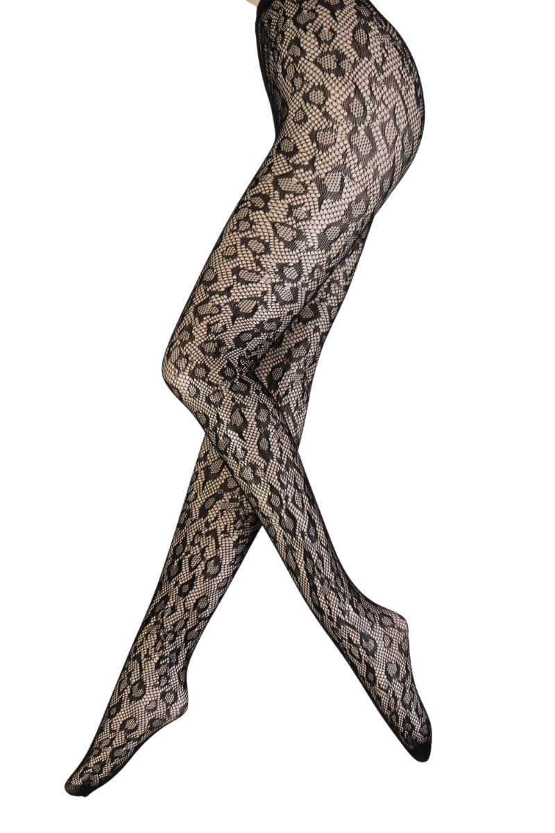 A pair of black fishnet tights featuring a leopard print pattern, designed for women in size M-L.