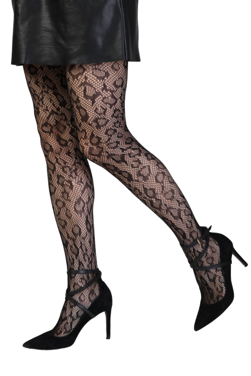 A pair of black fishnet tights featuring a leopard print pattern, designed for women in size M-L.
