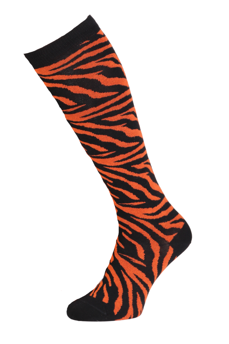 TIGER knee-highs featuring a vibrant tiger pattern in black and orange, showcasing elegant stripes.